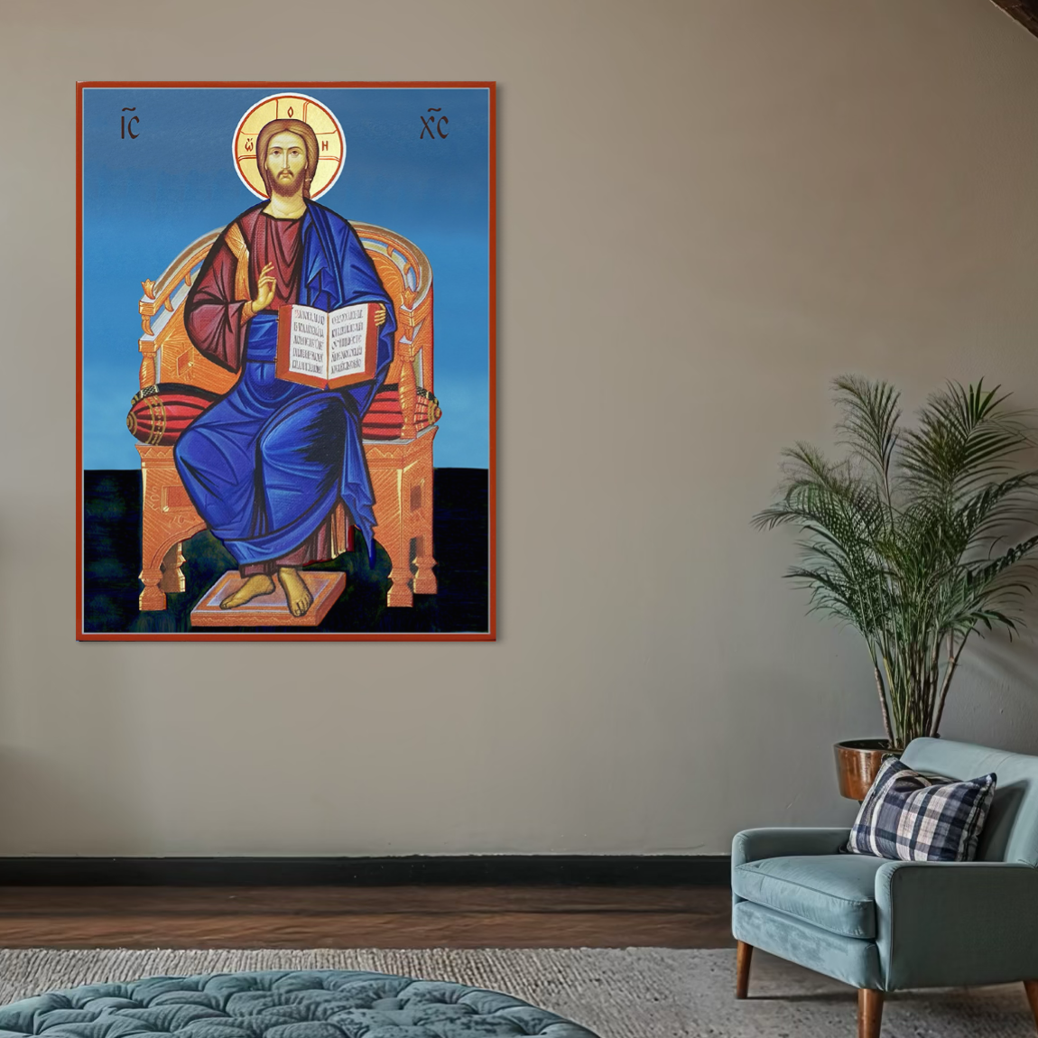 Imagine cu icoana bizantina cu iisus pe tron, tiparita pe panza canvas